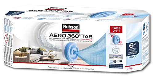 Rubson AERO 360° TAB, recharges en tabs neutres pour absorbeur d'humidité, ultra absorbantes et anti odeurs recharges pour déshumidificateurs AERO 360°, 6 x 450 g, 2.70