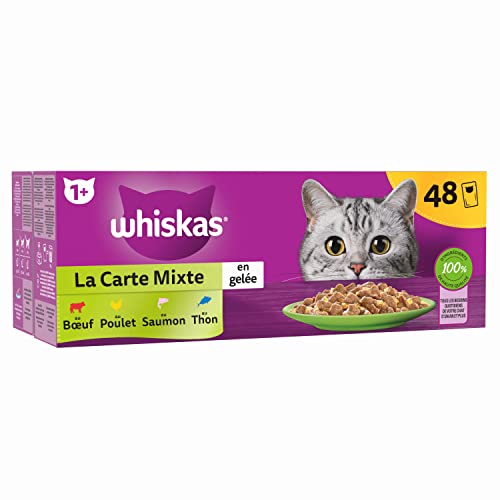 WHISKAS Repas pour Chat Stérilisé: 48 Sachets Fraîcheur, 4 Variétés Délicieuses en Gelée